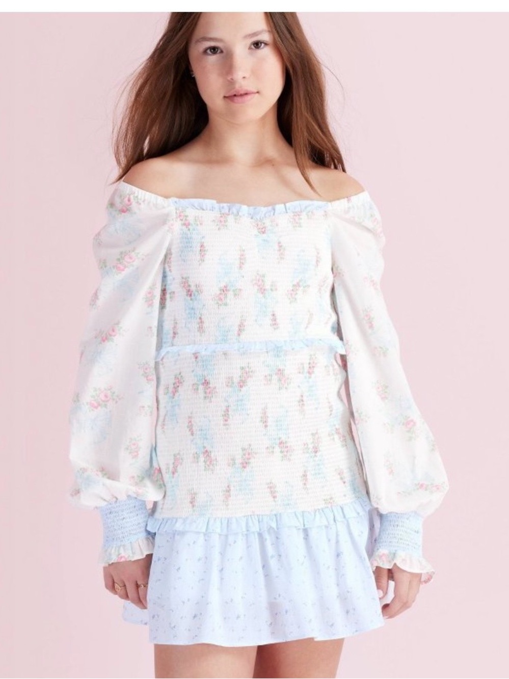 LoveShackFancy Off-Shoulder Floral Smocked Dress in Light Blue and White